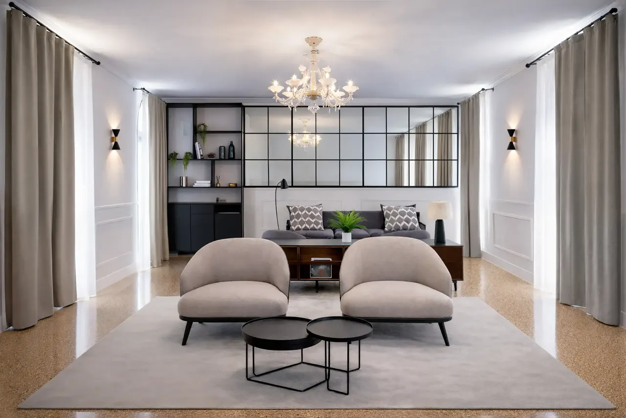 Hotel suite lounge with two armchairs, a Murano chandelier and a glazed partition