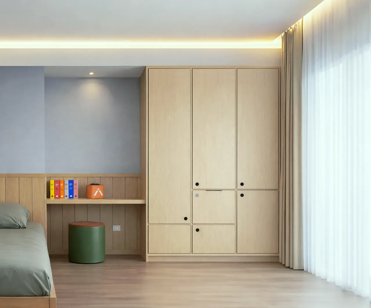 Room with oak built-in wardrobes, desk niche and full-height curtains