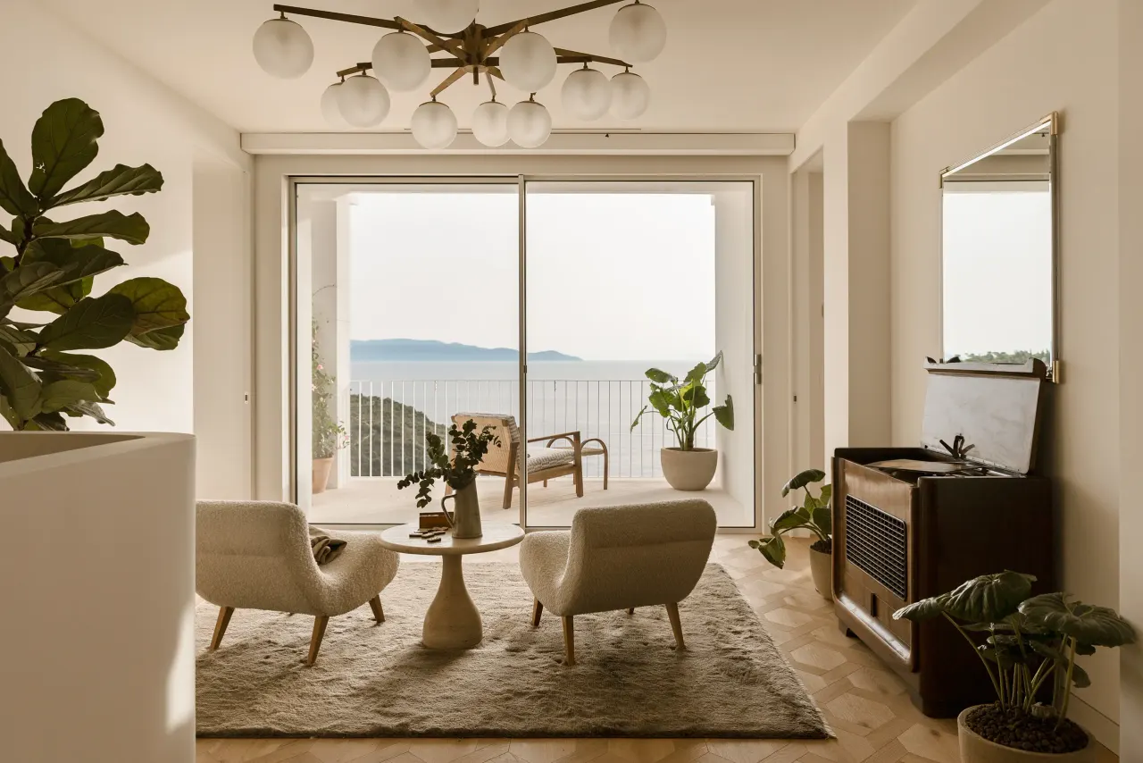 Living room with armchairs, vintage radiogram and sea view through glass doors