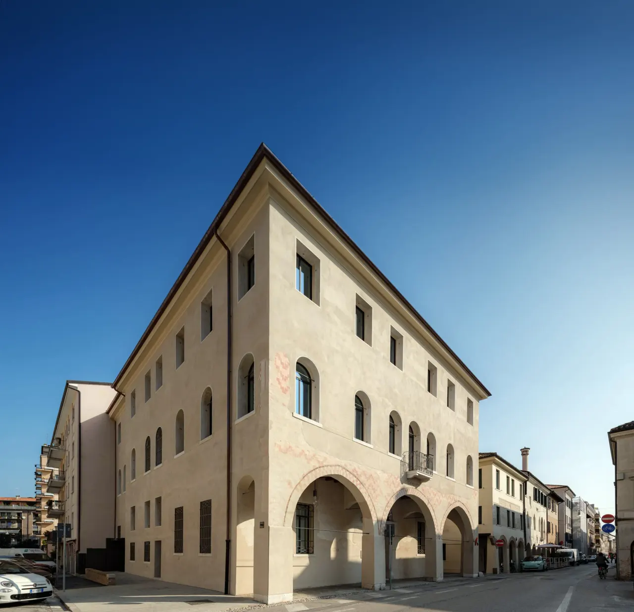 Corner view of the restored palazzo and portico
