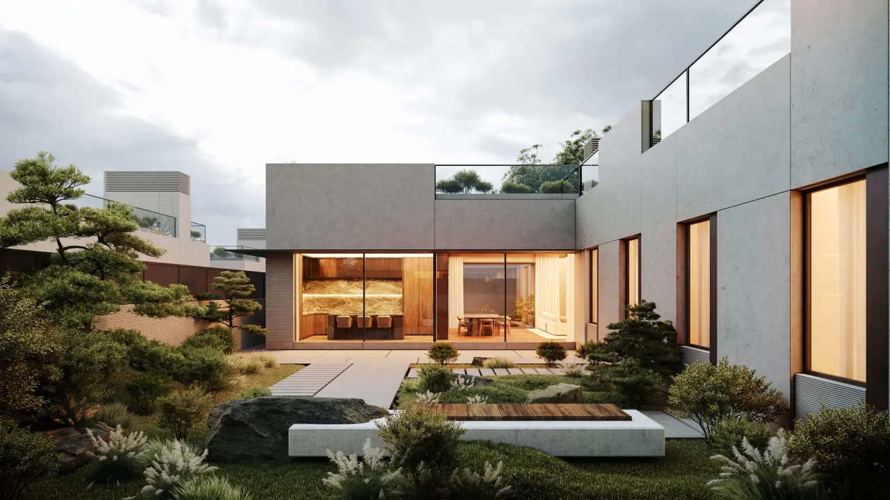 Rendering of the house and its landscaped garden at dusk