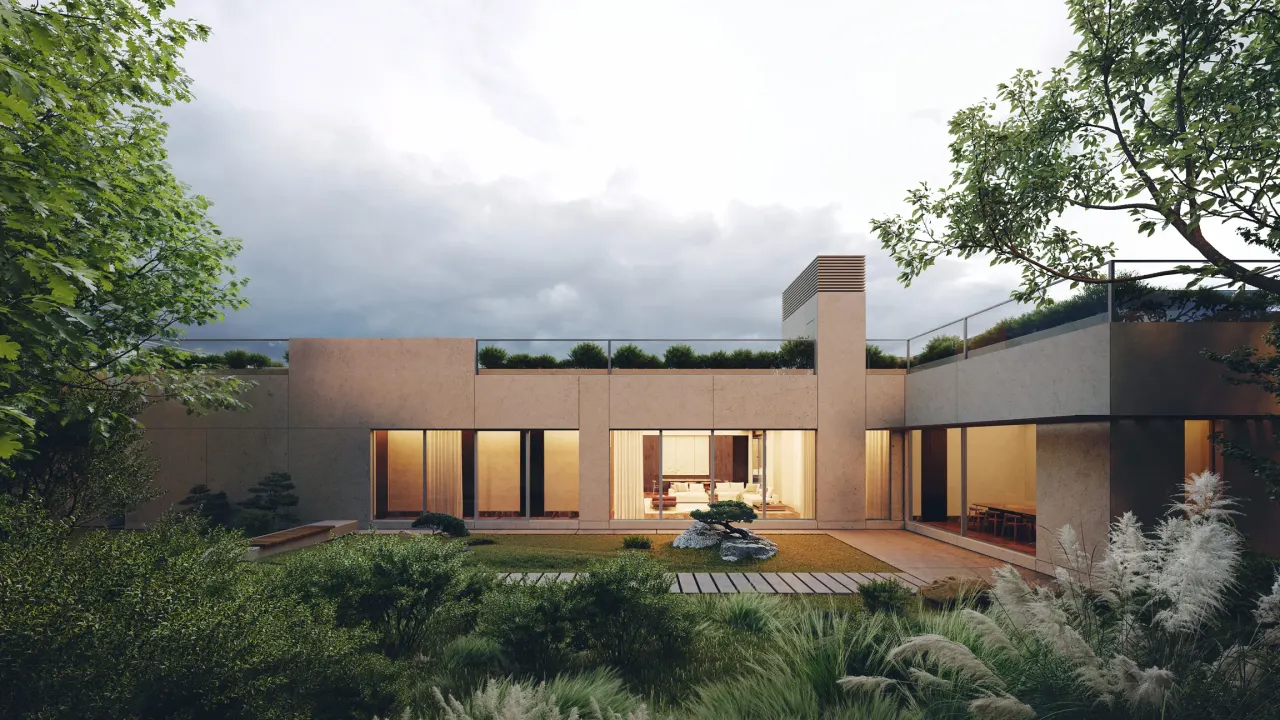Rendering of the courtyard garden framed by the L-shaped house