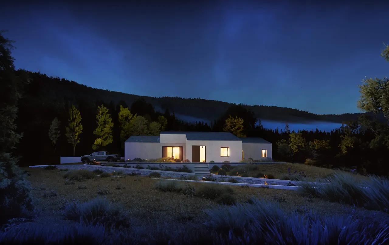 Rendering of the single-storey house in the countryside at night