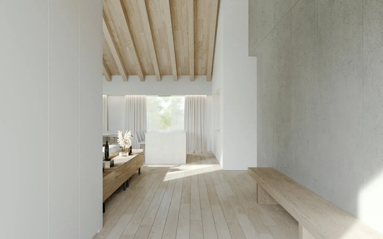Rendering of the entrance with timber ceiling and concrete-effect wall