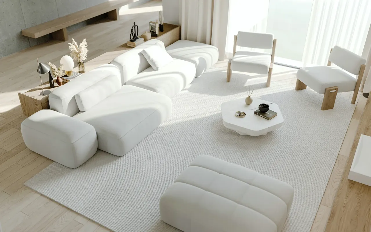 Rendering of the living room with white sofas and armchairs