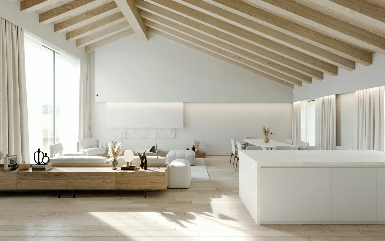 Rendering of the open-plan living area under the exposed timber roof