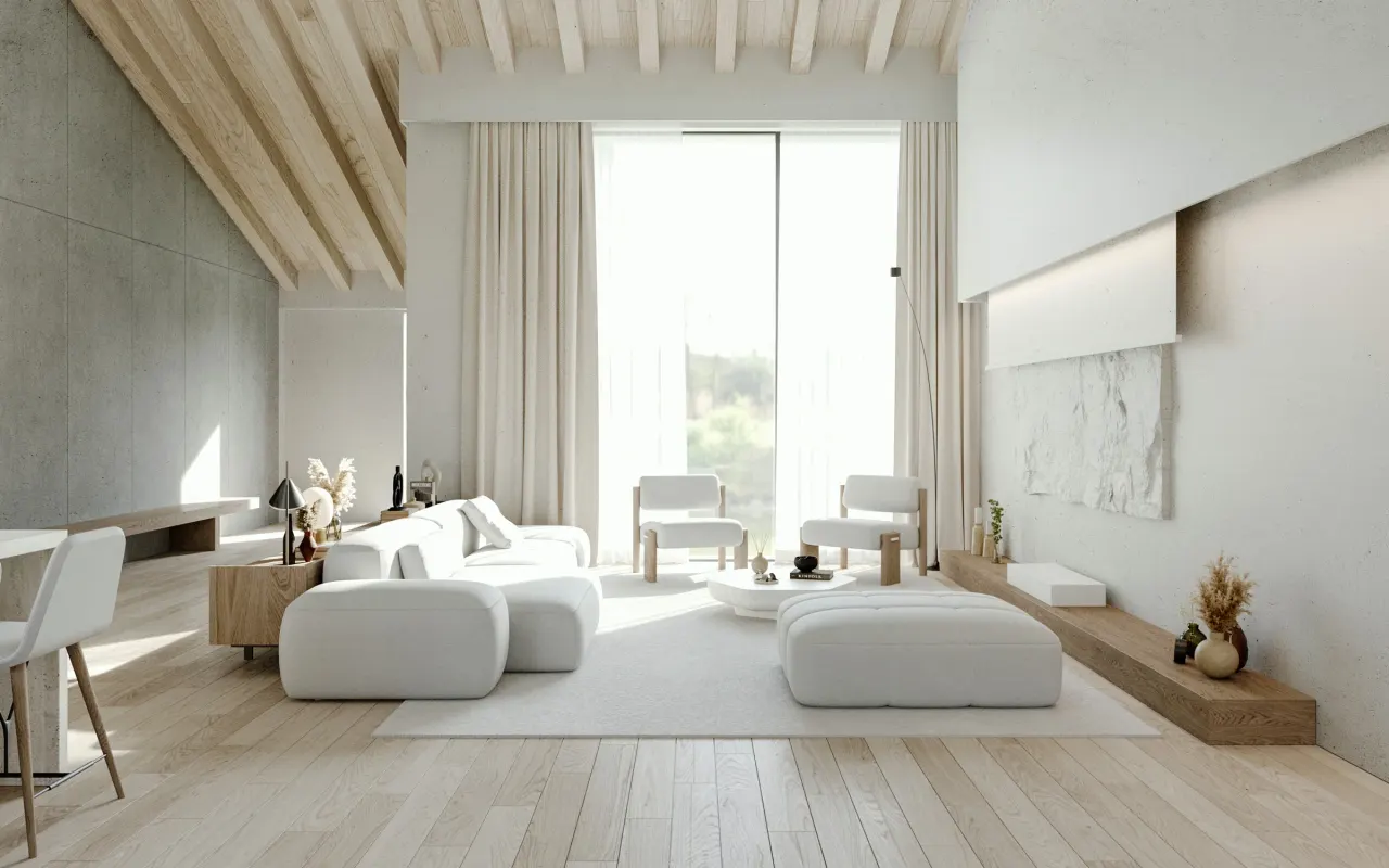 Rendering of the living room with full-height windows and curtains