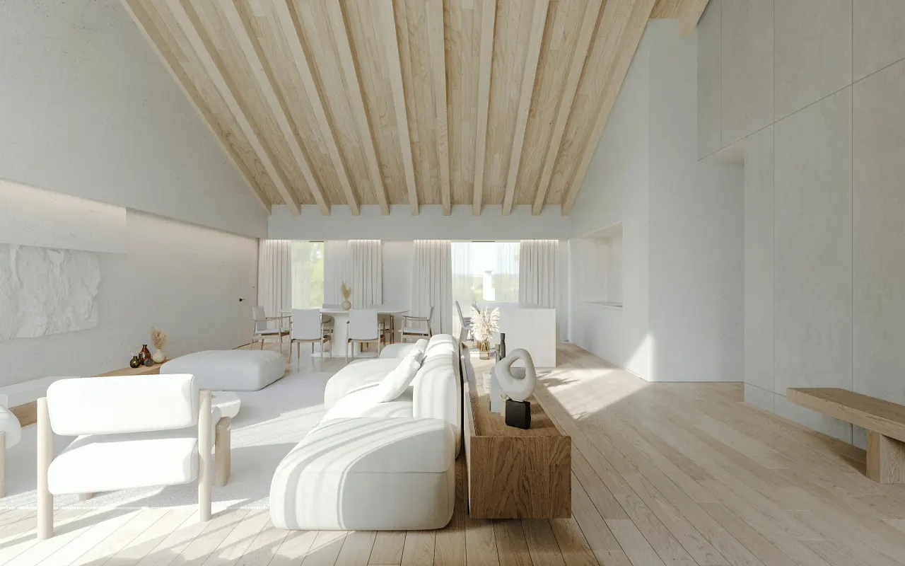 Rendering of the living and dining area under the pitched timber ceiling